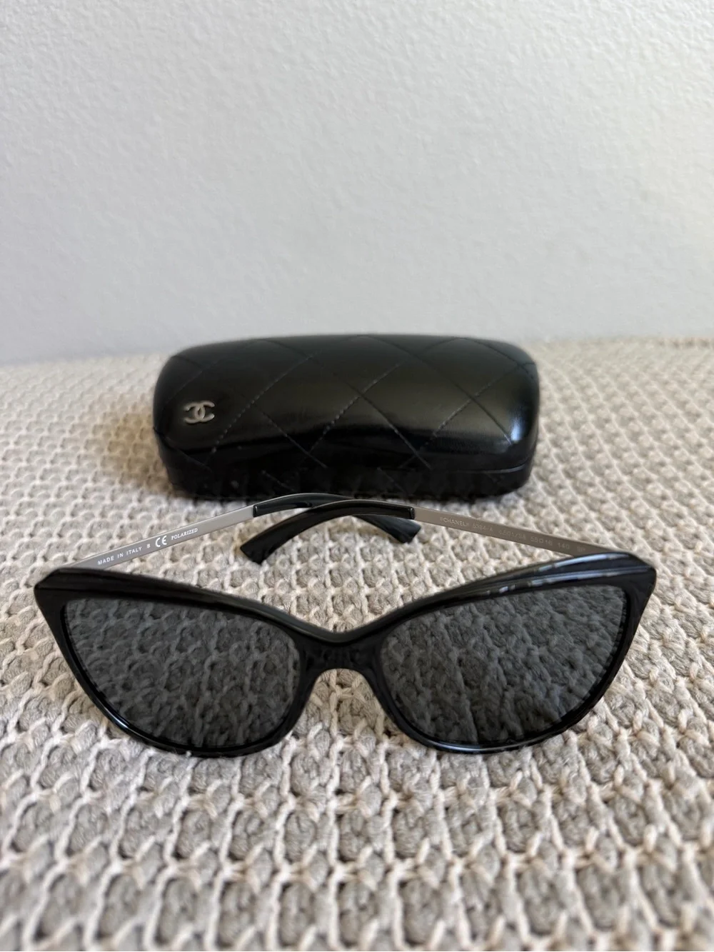 CHANEL Black Cat-Eye Sunglasses with Quilted Logo Case
